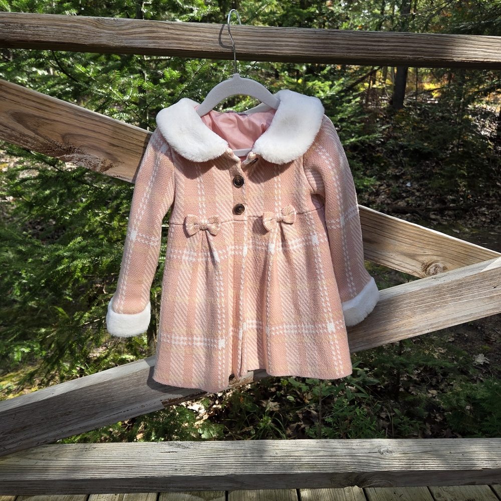 Pink Plaid Coat with Faux Fur Trim